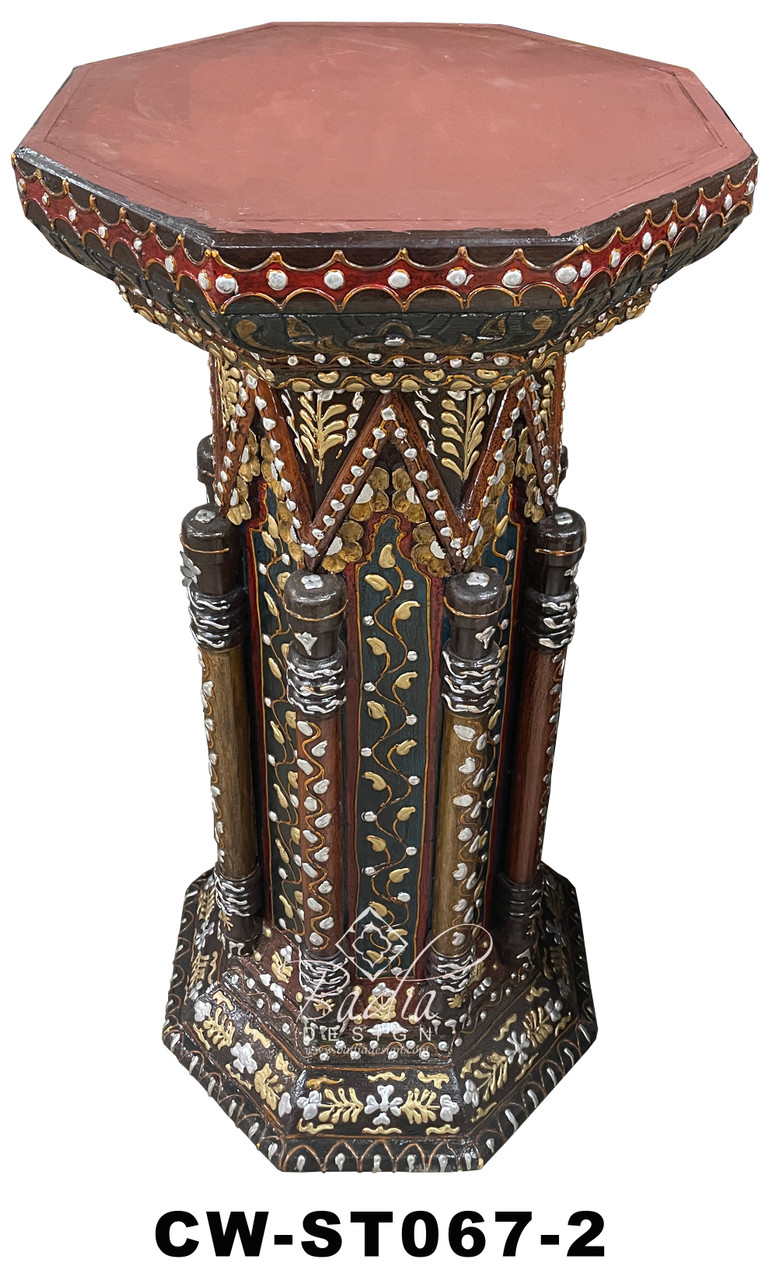 Hand Carved Wooden Pedestal Adorned with Metal Decor - CW-ST067