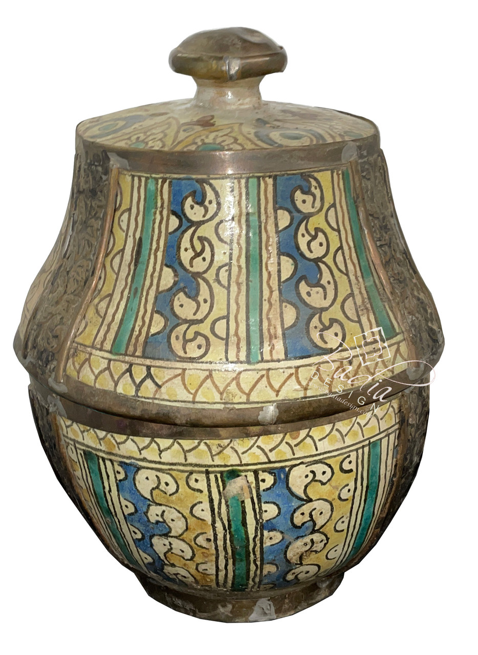 Small Multi-Color Vintage Metal and Ceramic Urn with Lid - VA112