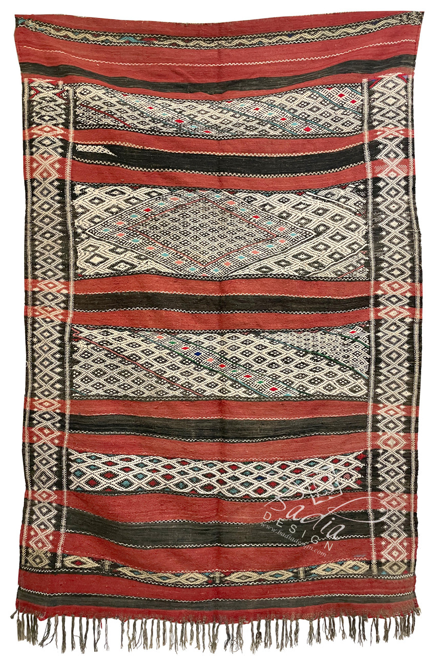Red Multi-Color Moroccan Kilim Rug with Tribal Designs - R0246