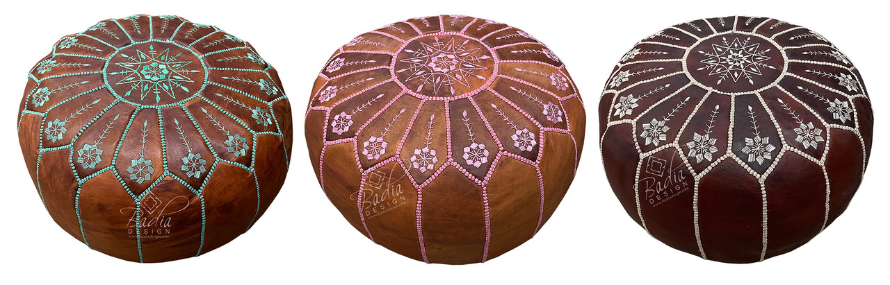 Round Moroccan Leather Pouf with Color Stitching