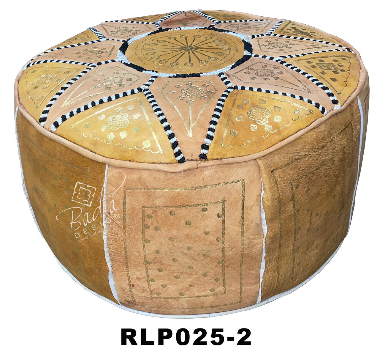 Round Moroccan Leather Pouf with Geometric Designs