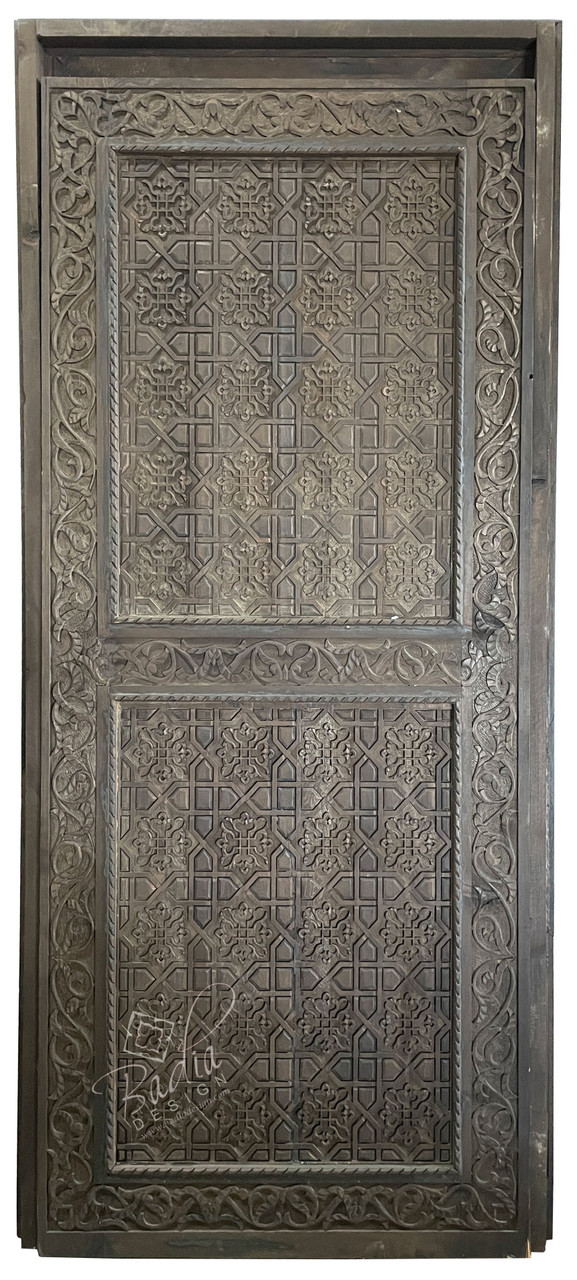 Dark Stained Hand Carved Wooden Door - CWD049