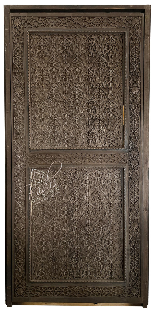 Dark Stained Hand Carved Wooden Door - CWD050