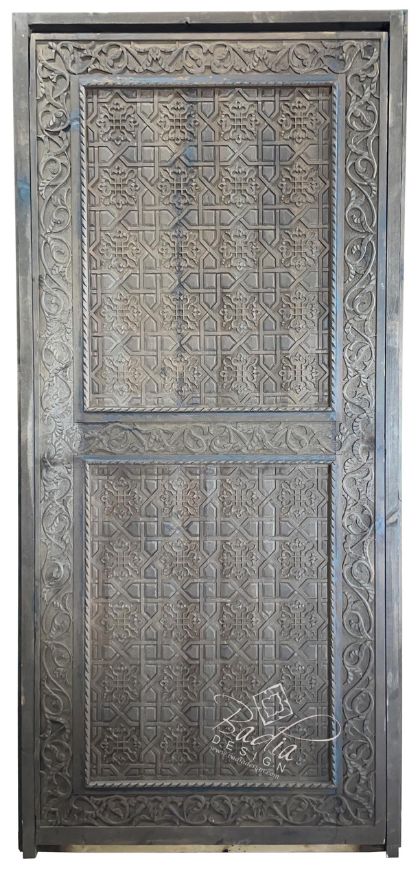 Dark Stained Hand Carved Wooden Door - CWD051