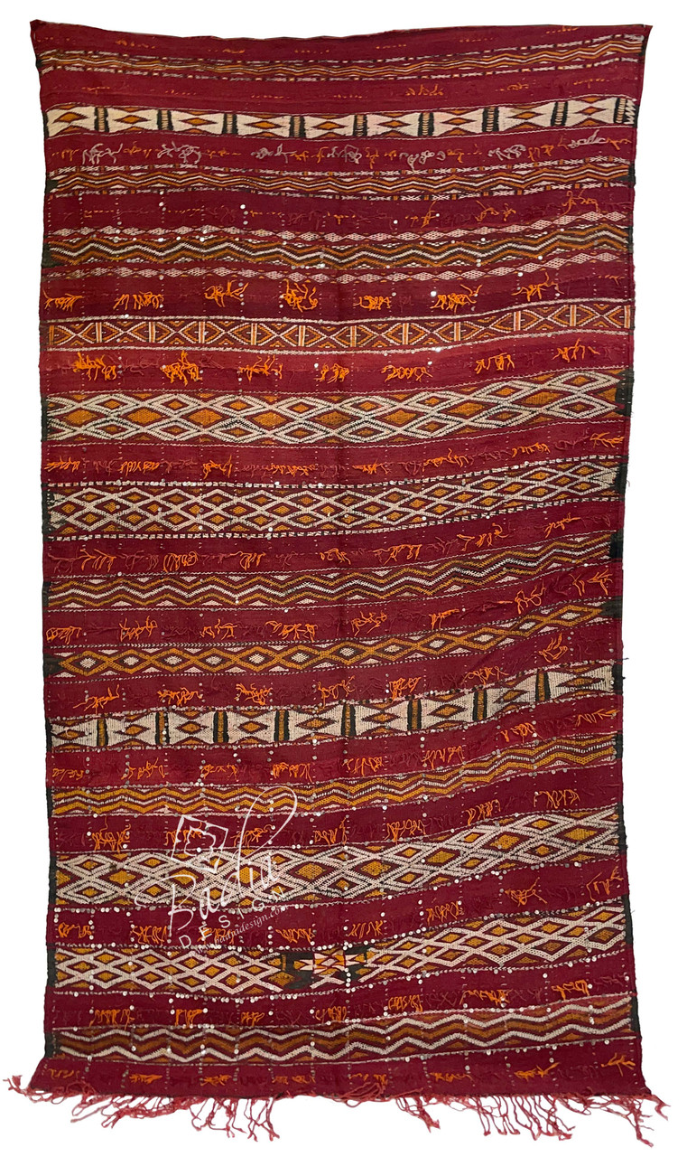 Red Handmade Moroccan Kilim Rug with Silver Sequins- R0259