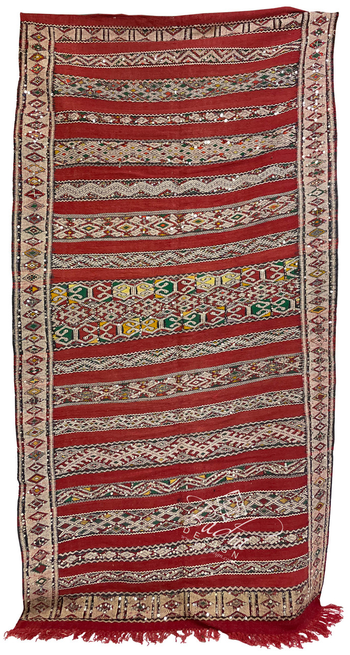 Red Multi-Color Moroccan Kilim Rug with Silver Sequins- R0269