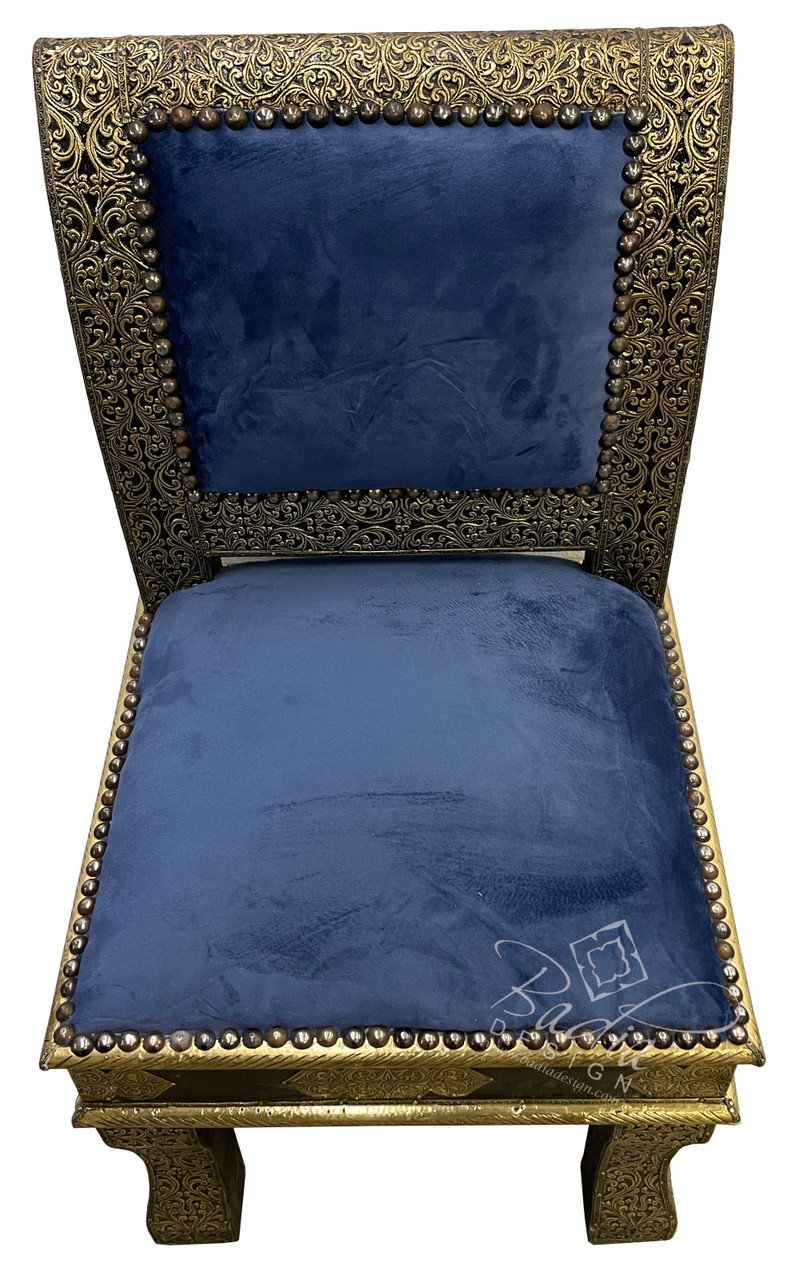 Brass Metal Chair with Blue Velvet Seating - MB-CH044