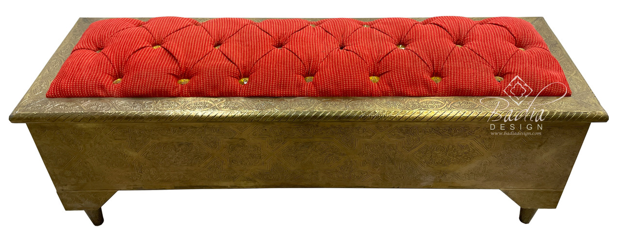 Hand Carved Brass Bench with Fabric Seating - MB-B015