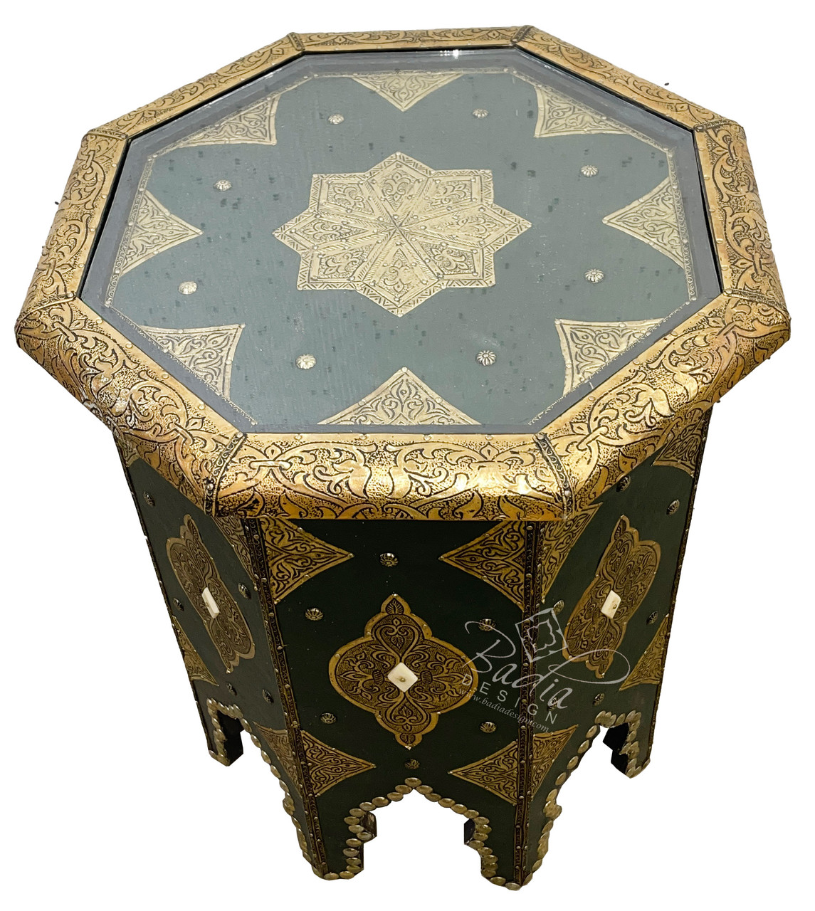 Brass Metal and Green Leather Side Table - ML-ST009