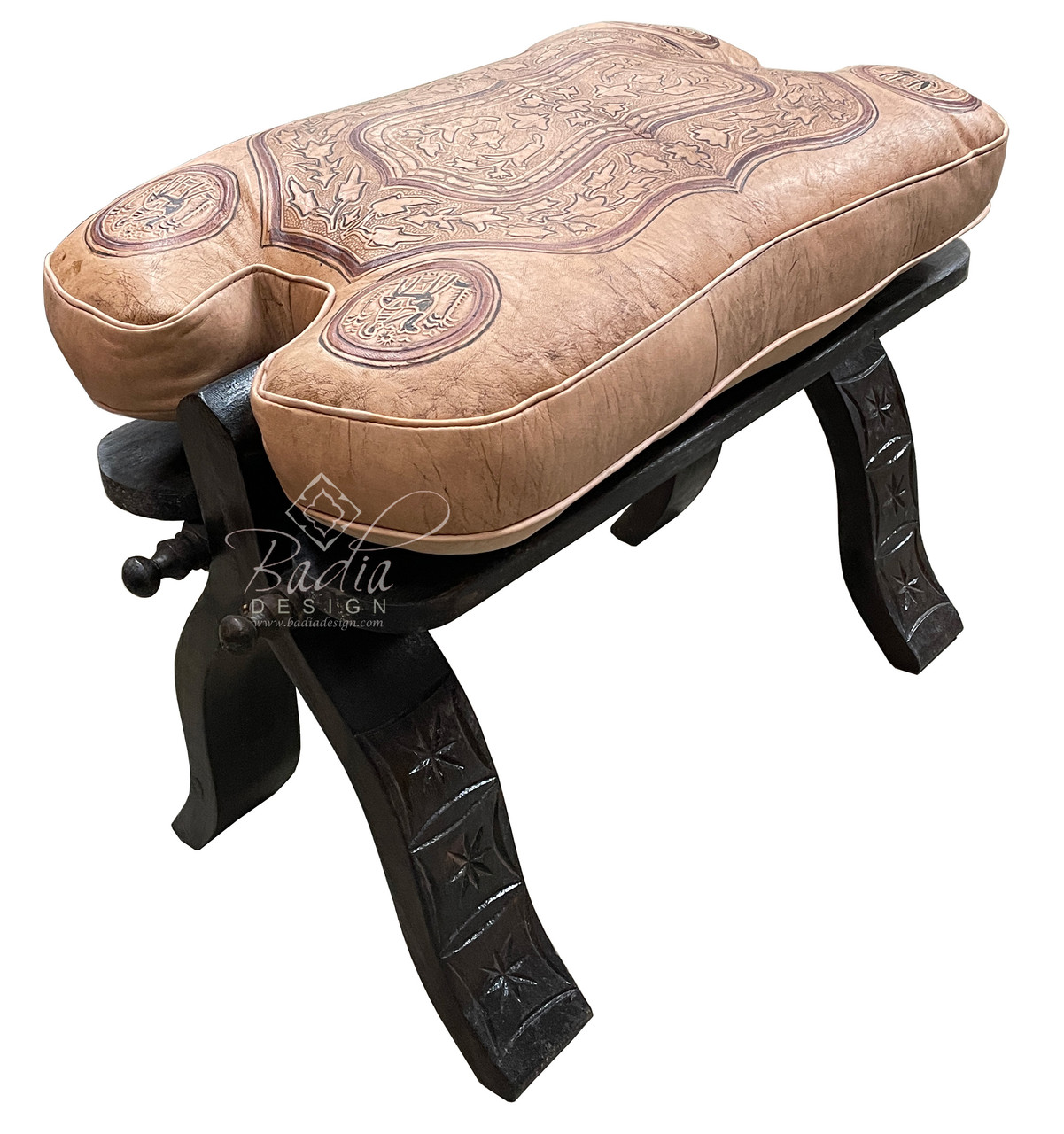 Beige Leather Ottoman with Carved Wood Base - ML-CH002