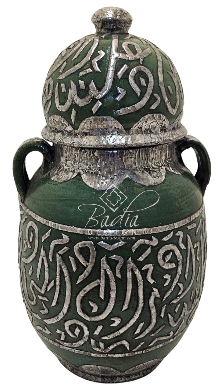 Green Ceramic Urn Adorned with Silver Metal - VA133