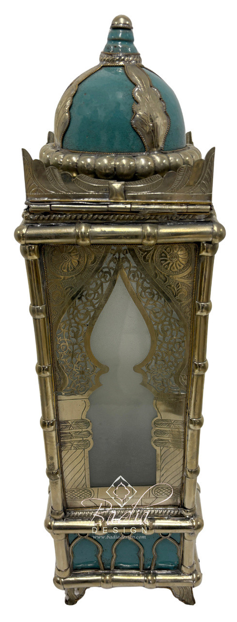 Tall Brass Floor Lantern with Teal Ceramic Decor - LIG554