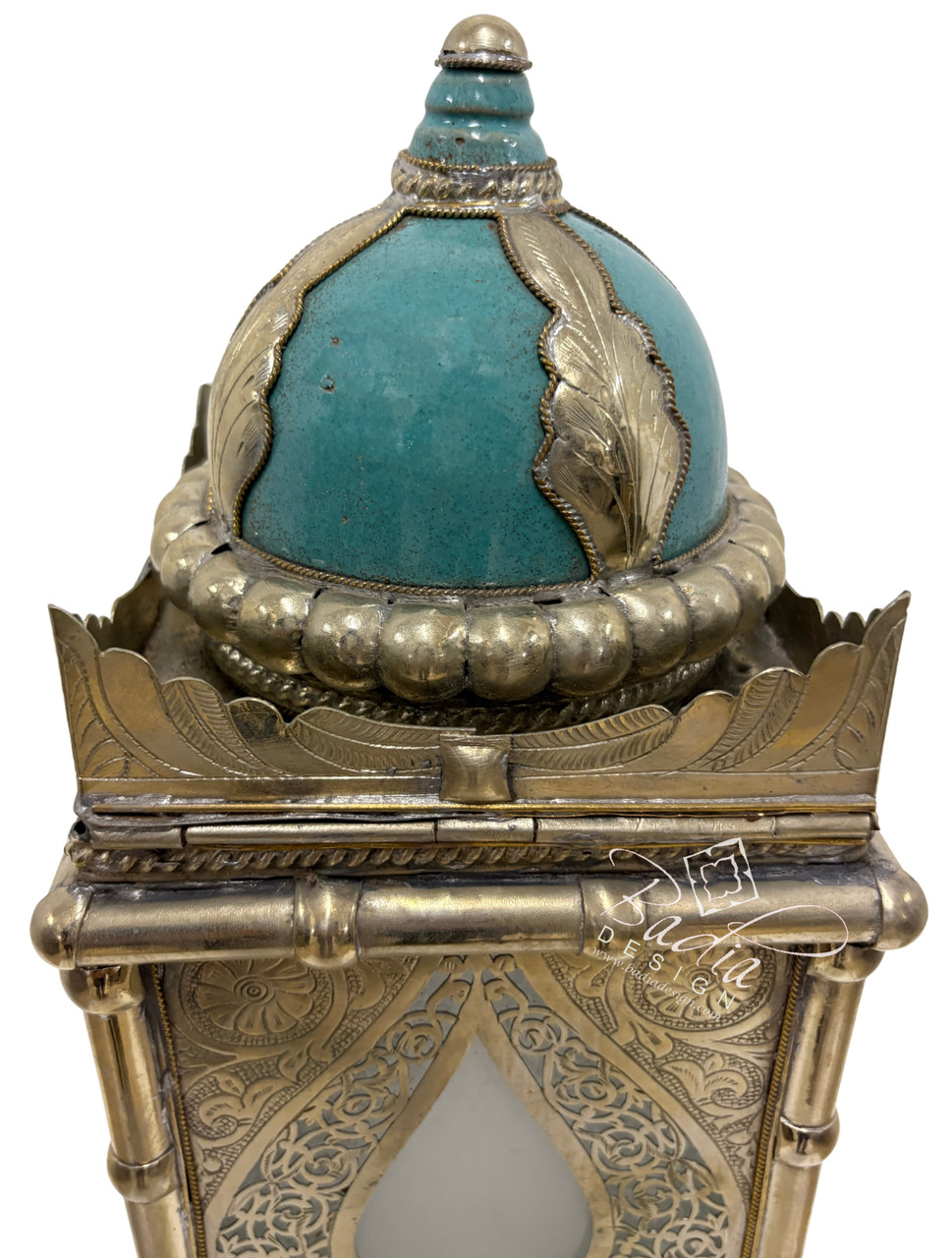 Tall Brass Floor Lantern with Teal Ceramic Decor - LIG554