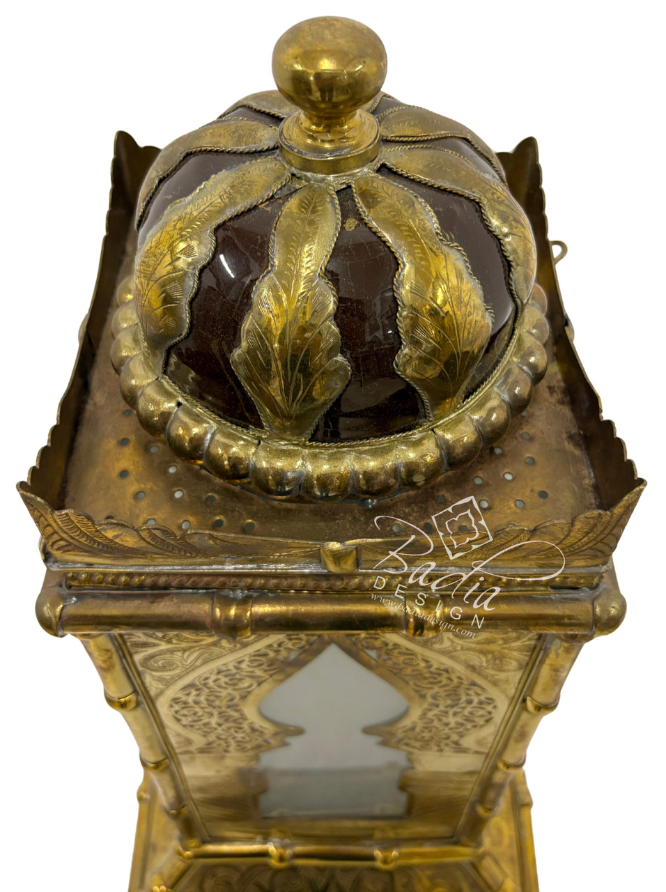Tall Brass Floor Lantern with Burgundy Ceramic Decor - LIG555
