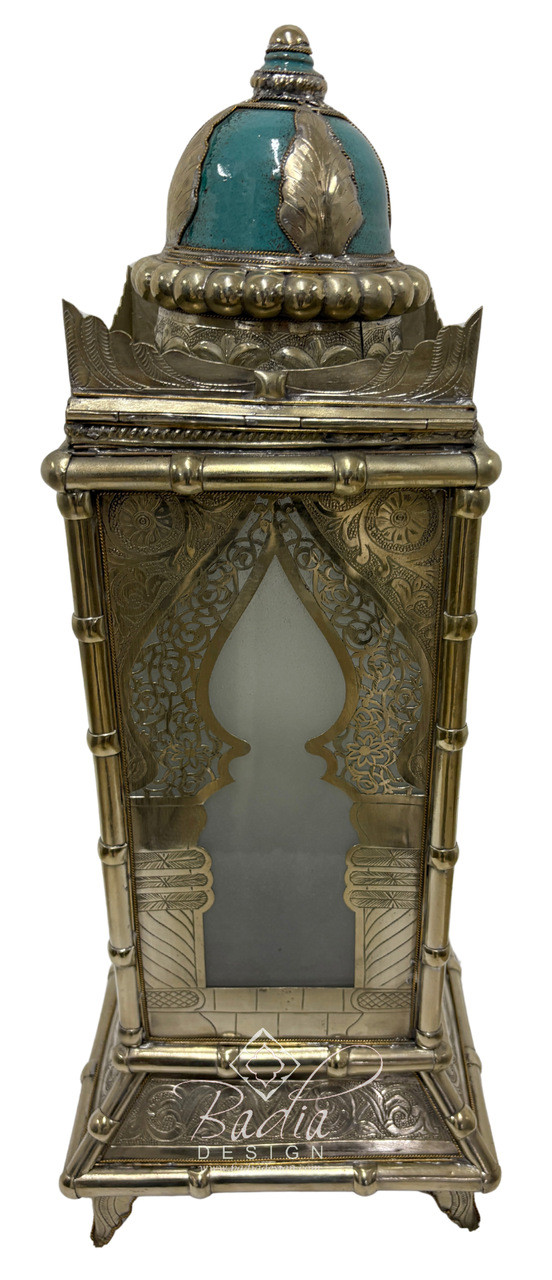 Tall Brass Floor Lantern with Teal Ceramic Decor - LIG557
