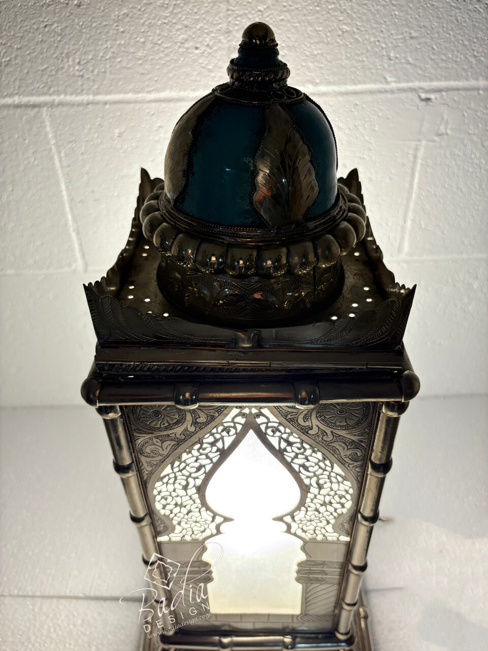 Tall Brass Floor Lantern with Teal Ceramic Decor - LIG557