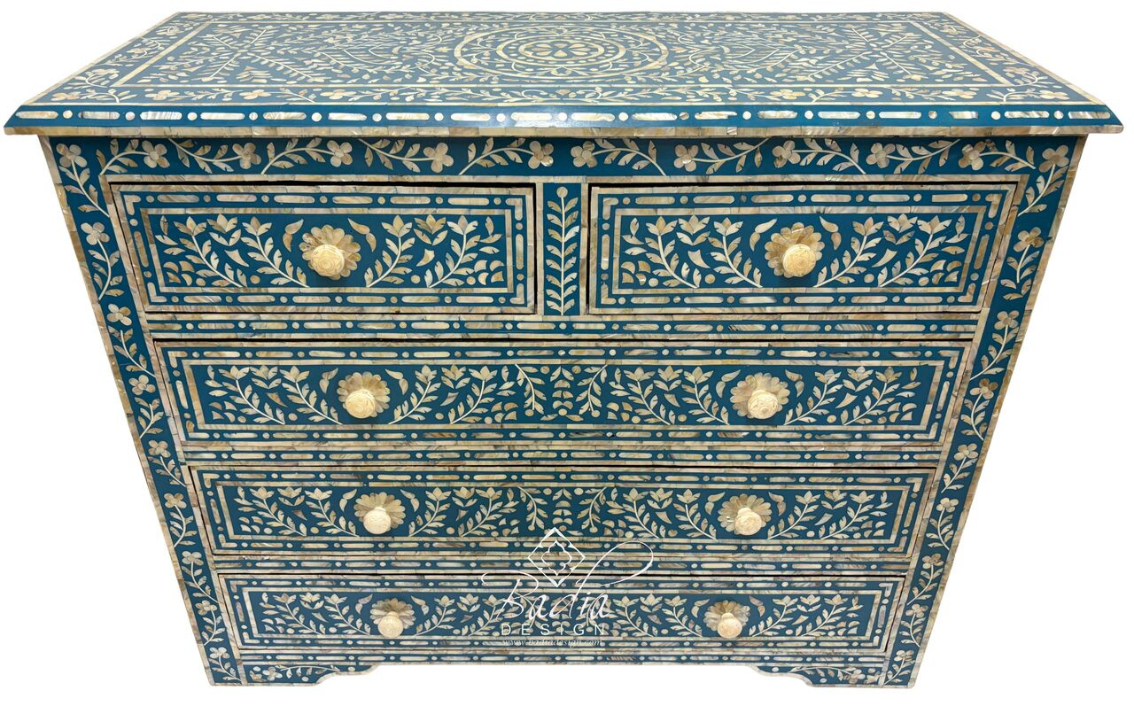 Teal Blue and Ivory Off-White Mother of Pearl Inlay Dresser - MOP-DR089