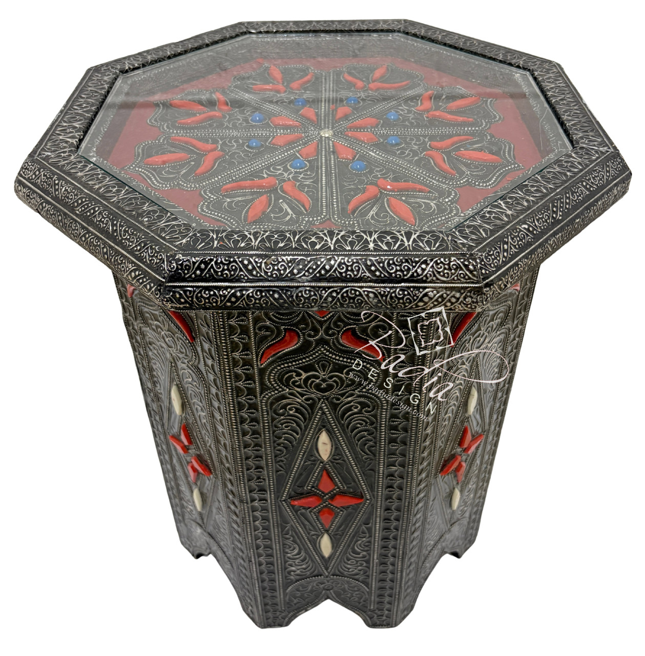 Octagon Shaped Metal and Bone Side Table with Glass Top - MB-ST071