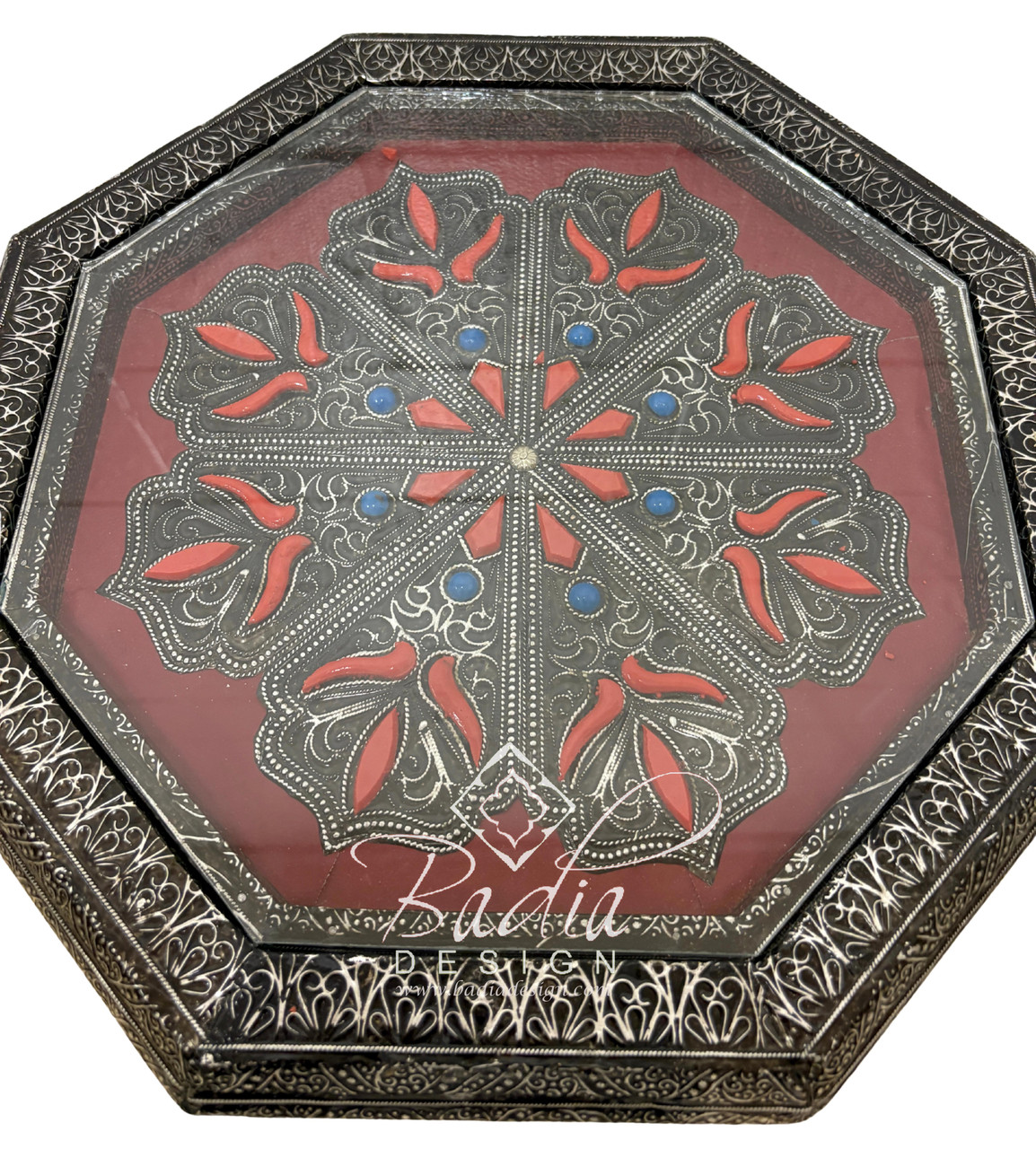 Octagon Shaped Metal and Bone Side Table with Glass Top - MB-ST071