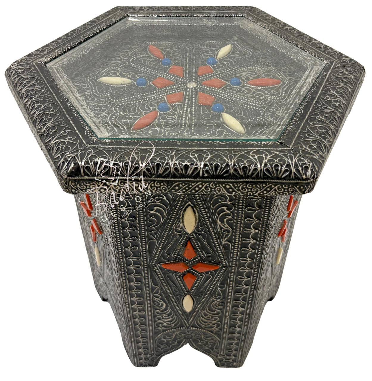 Small Octagon Shaped Metal and Bone Side Table with Glass Top - MB-ST075