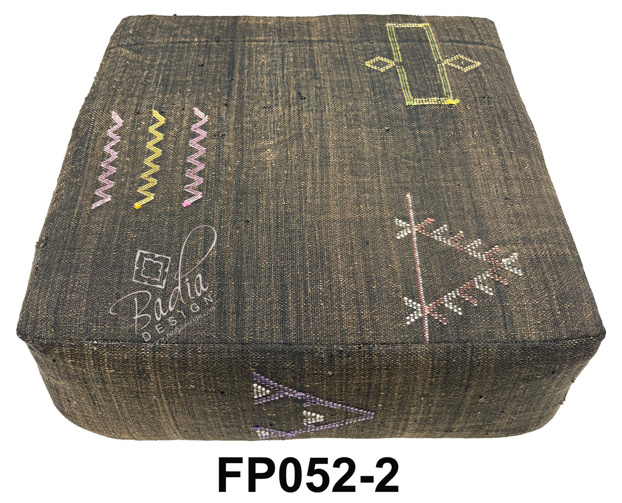 Dark Brown Kilim Floor Cushion with Geometric Accents - FP052