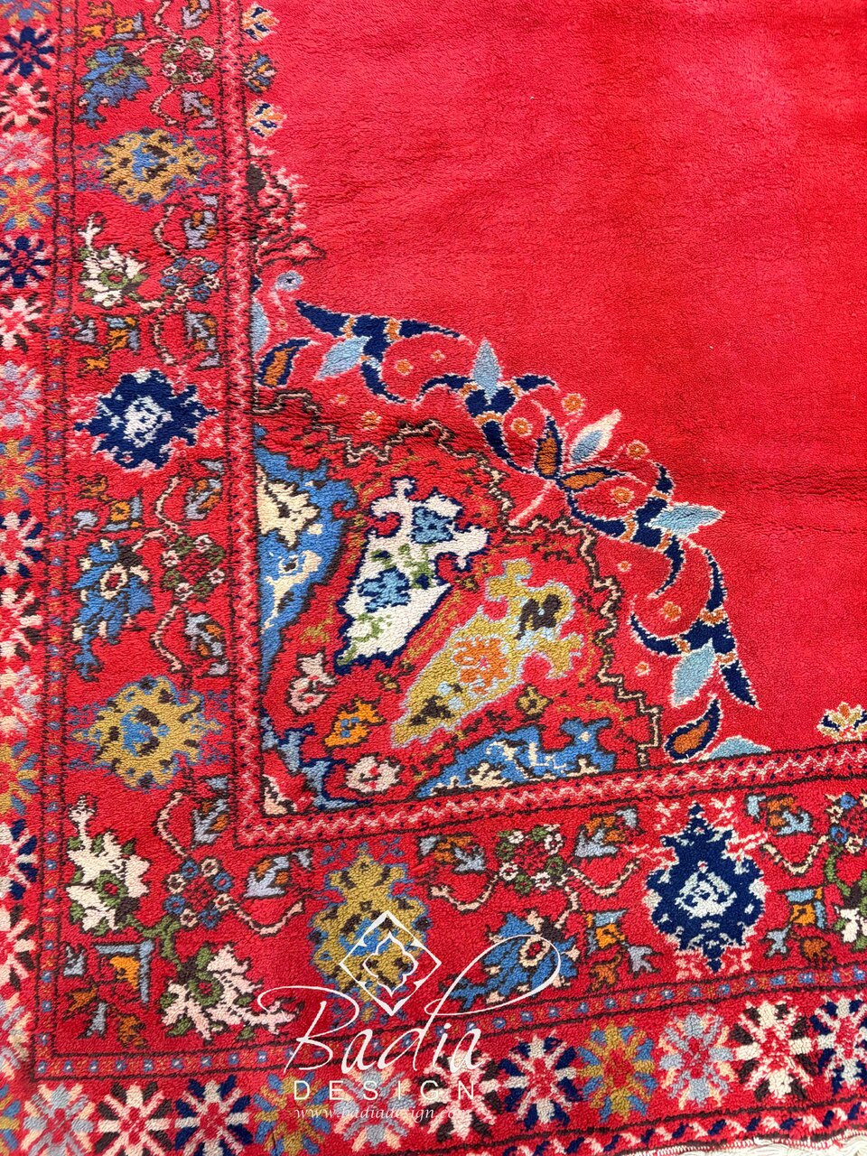 144" W x 153" H - Deep Red Rug with Geometric and Floral Designs - R0503