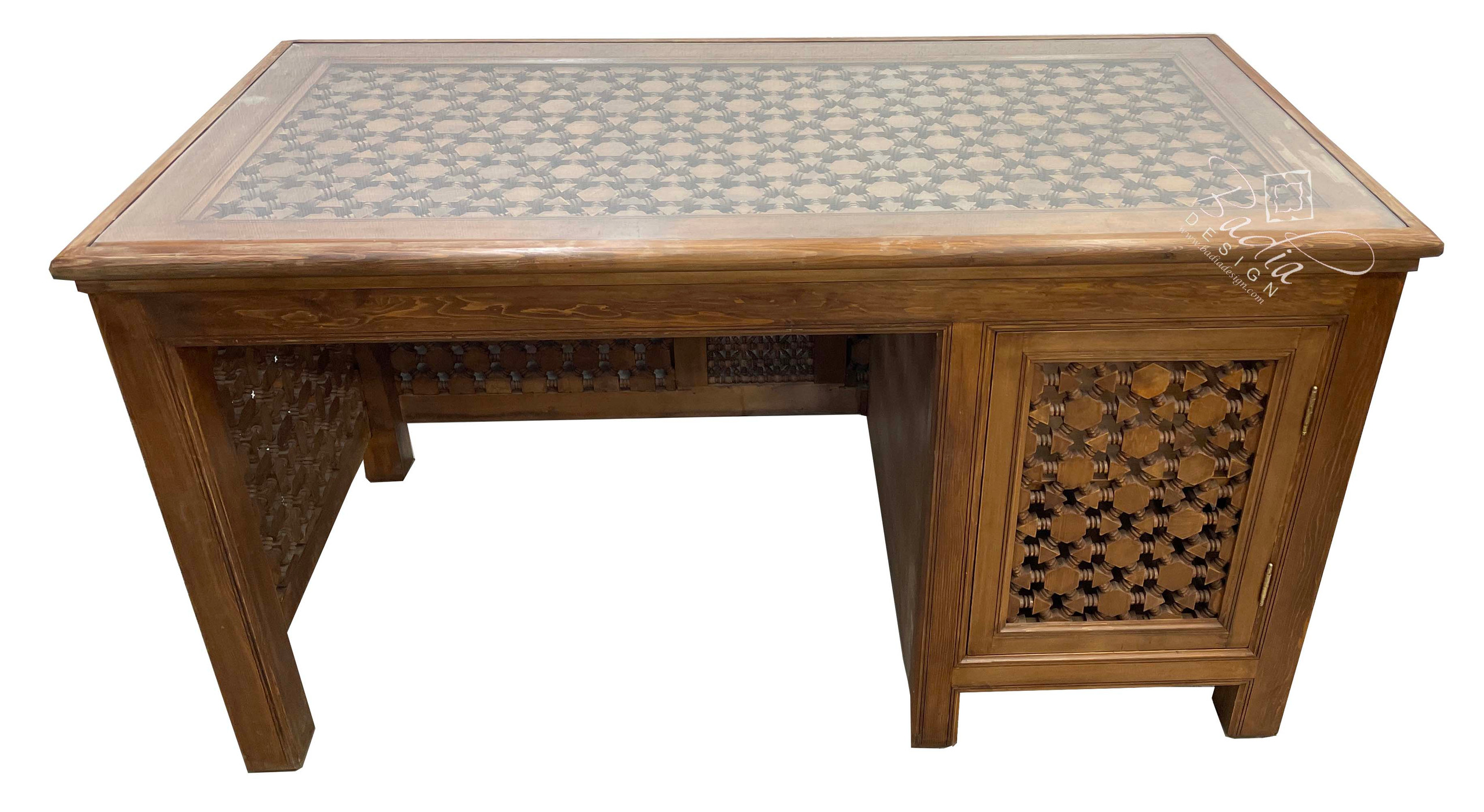 Moroccan Hand Carved Wooden Desk with Moucharabieh Design from Badia