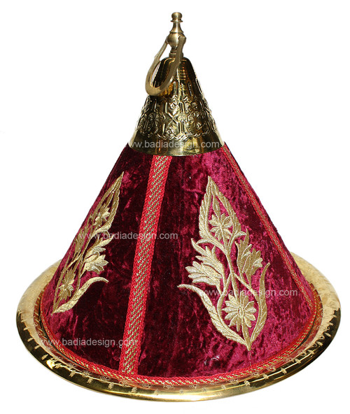 Brass Serving Tagine with Burgundy Embroidery Fabric - HD113-BUR