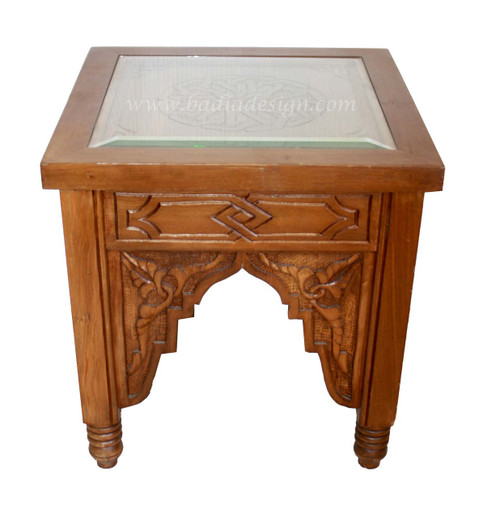 Carved Wood Side Table with Glass Top - CW-ST035