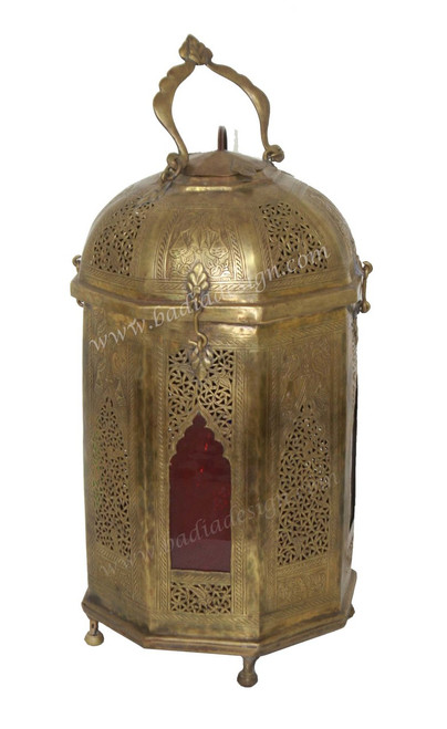 Large Brass Floor Lantern with Multi Color Glass - LIG290