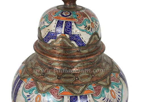 Large Multi Color Hand Painted Metal and Ceramic Urn - VA076