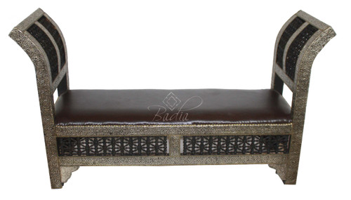 Hand Carved Silver Nickel and Leather Bench - NK-B002