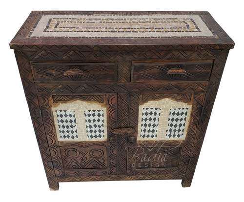 Vintage Hand Carved Wooden Cabinet With Tile Design- CW-CA072