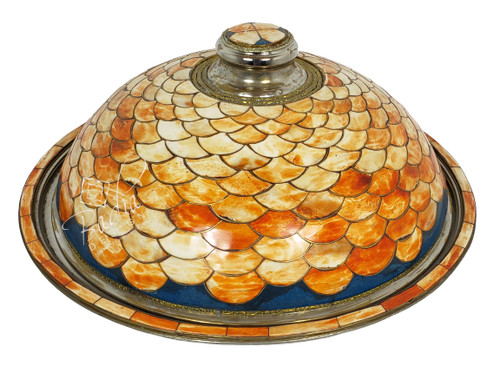 Round Silver Metal and Orange Bone Tray - T-MB005