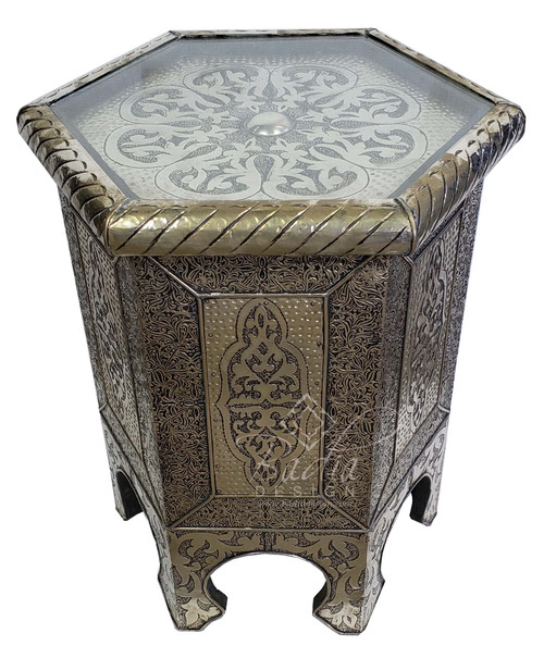 Hand Carved Silver Nickel Side Table with Glass Top - BR-ST015