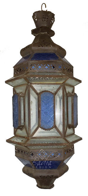 Vintage Hanging Lantern with Blue and White Glass - LIG432