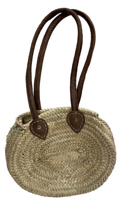 Round Handwoven Straw Basket with Leather Handle - HB020