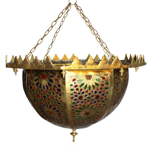 Brass with Multi Color Glass Inverted Bowl Chandelier - CH008