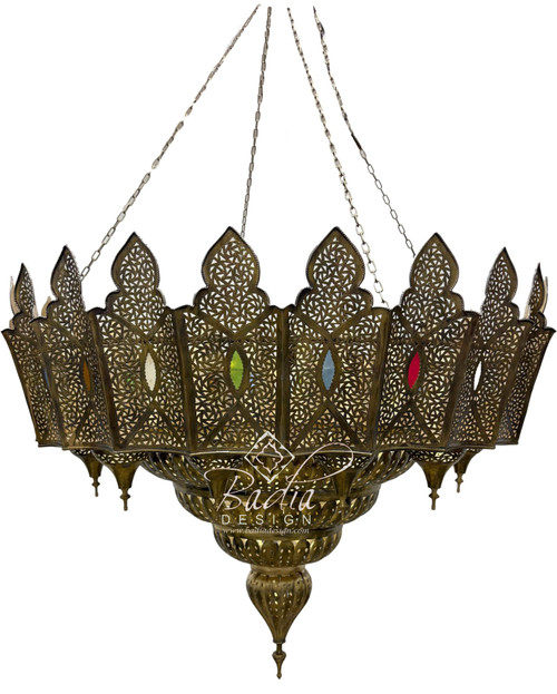Large Brass Chandelier with Multi-Color Glass Eyelets - CH367