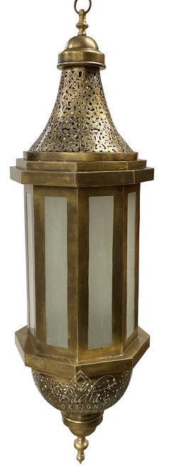 Tall Hanging Moroccan Brass Lantern with White Glass - LIG479