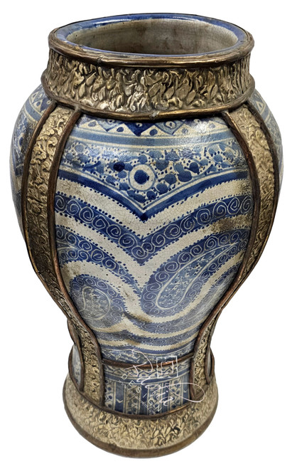 Small Blue and White Vintage Metal and Ceramic Urn - VA116