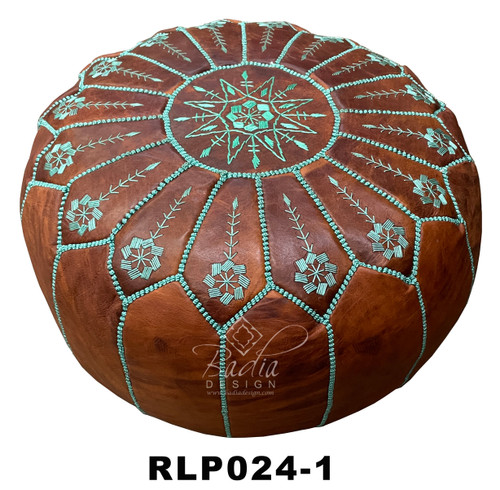 Round Moroccan Leather Pouf with Color Stitching