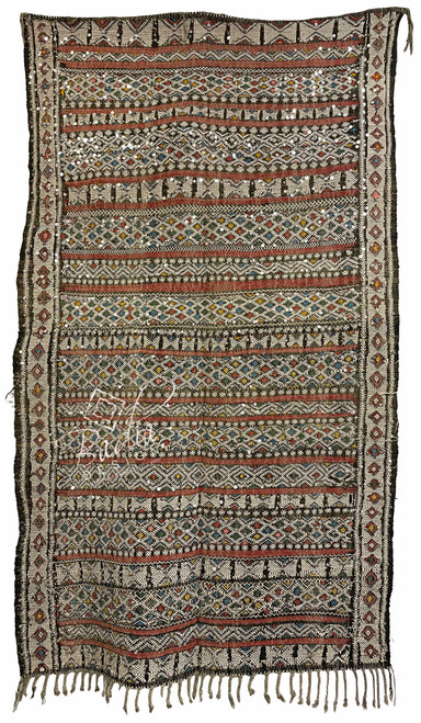 Authentic Moroccan Kilim Rug with Silver Sequins - R0254