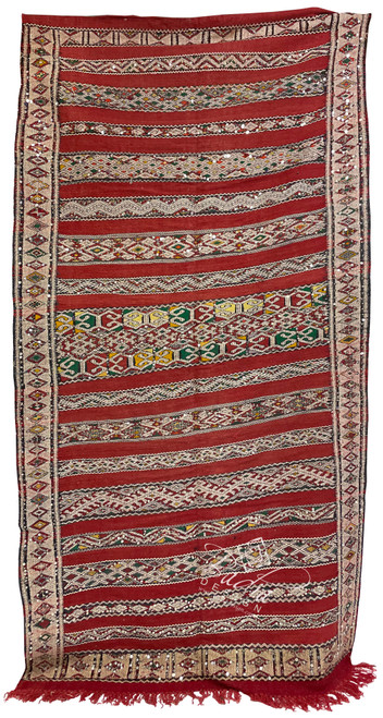 Red Multi-Color Moroccan Kilim Rug with Silver Sequins- R0269