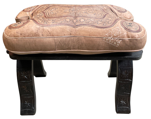 Beige Leather Ottoman with Carved Wood Base - ML-CH002
