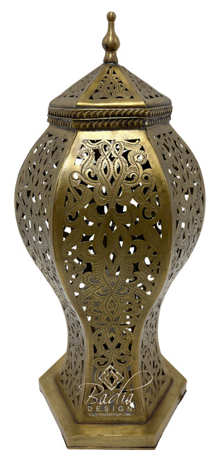 Hexagonal Brass Lantern with Intricate Floral Cutouts - LIG553 Hexagonal Brass Lantern with Intricate Floral Cutouts - LIG553