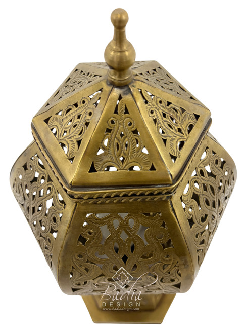Hexagonal Brass Lantern with Intricate Floral Cutouts - LIG553 Hexagonal Brass Lantern with Intricate Floral Cutouts - LIG553