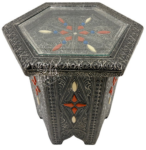 Small Octagon Shaped Metal and Bone Side Table with Glass Top - MB-ST075 Small Octagon Shaped Metal and Bone Side Table with Glass Top - MB-ST075