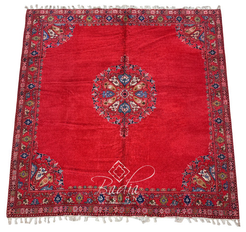 144" W x 153" H - Deep Red Rug with Geometric and Floral Designs - R0503