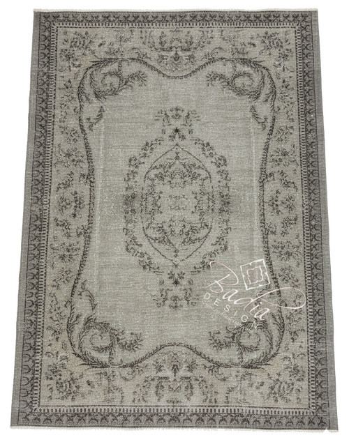 85" W x 125" H - Faded Vintage Gray Rug with Geometric Designs - R0512
